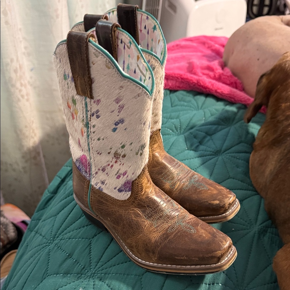 Girls Dan Post brown & White Speckled Hair-On Cowboy Boots with Turquoise Trim